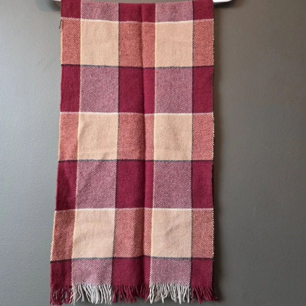 Stroock by Glentowne Plaid Wool‎ Rabbit Hair Scarf Burgundy Tan Fringe